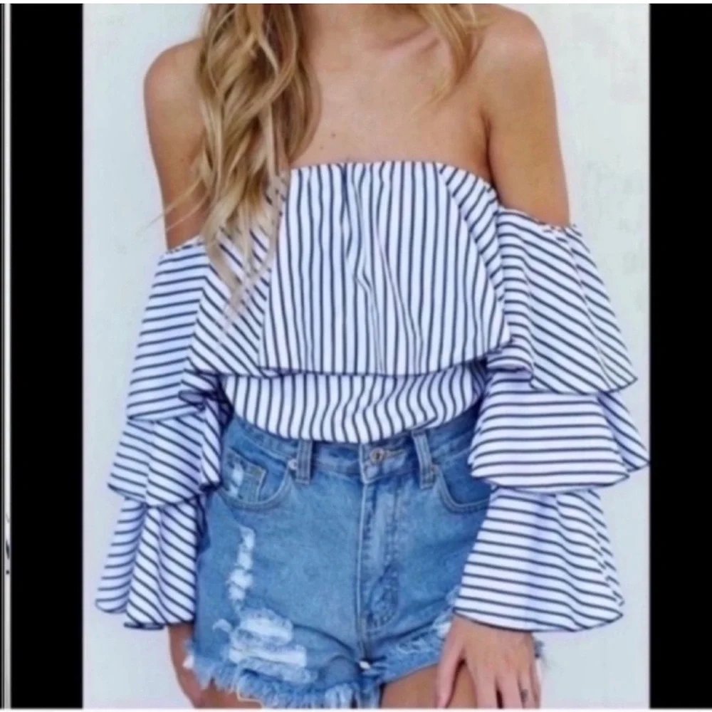 Aqua Blue and White Ruffled Off-Shoulder Blouse M - Picture 1 of 8